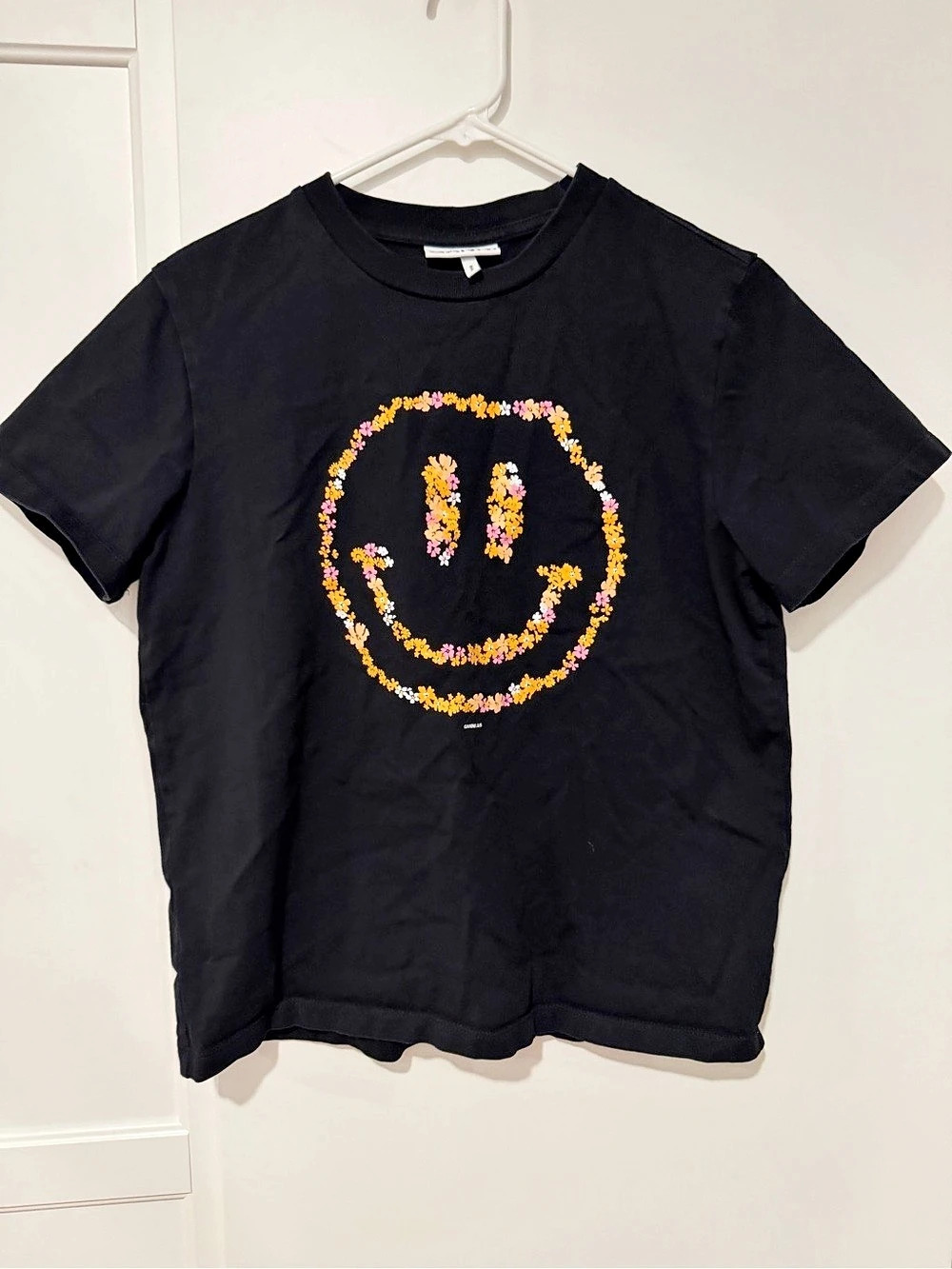 GANNI Smiley Face Floral Print T-Shirt Black & Pink Medium